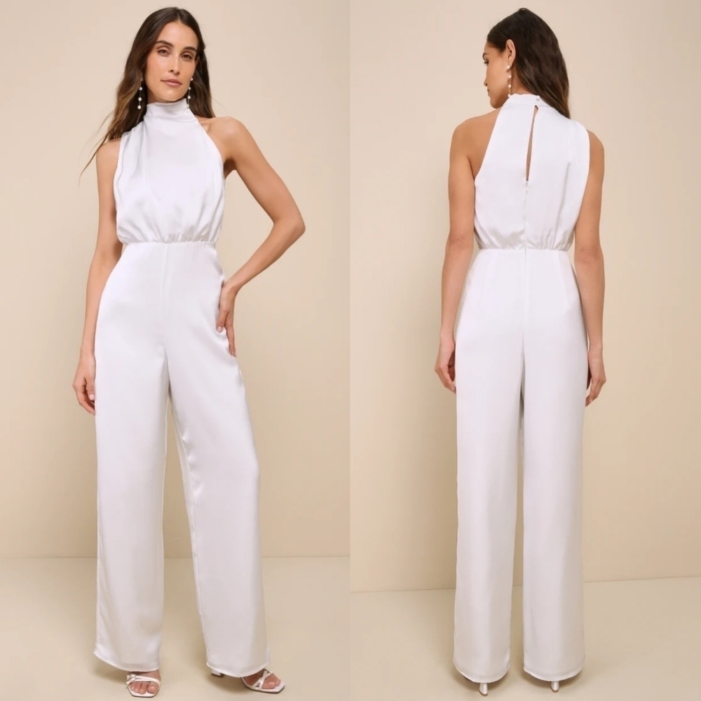 Lulus Stunning Promise White Satin Asymmetrical Wide-Leg Jumpsuit L Wedding